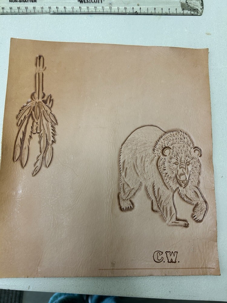 Hand Tooled Leather Panel Vintage 70’s Bear Feathers