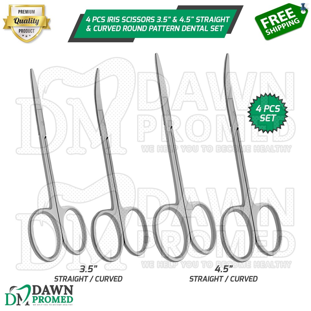 4 Pcs Iris Scissors 3.5" 4.5” Straight & Curved Round Pattern Surgical Set