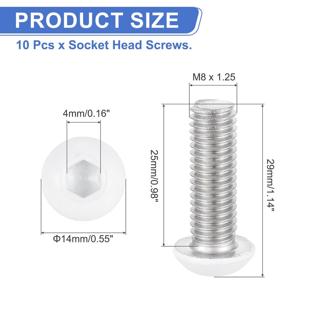 10 Pcs M8-1.25 x 25mm Button Head Socket Cap Screw Machine Screw, White