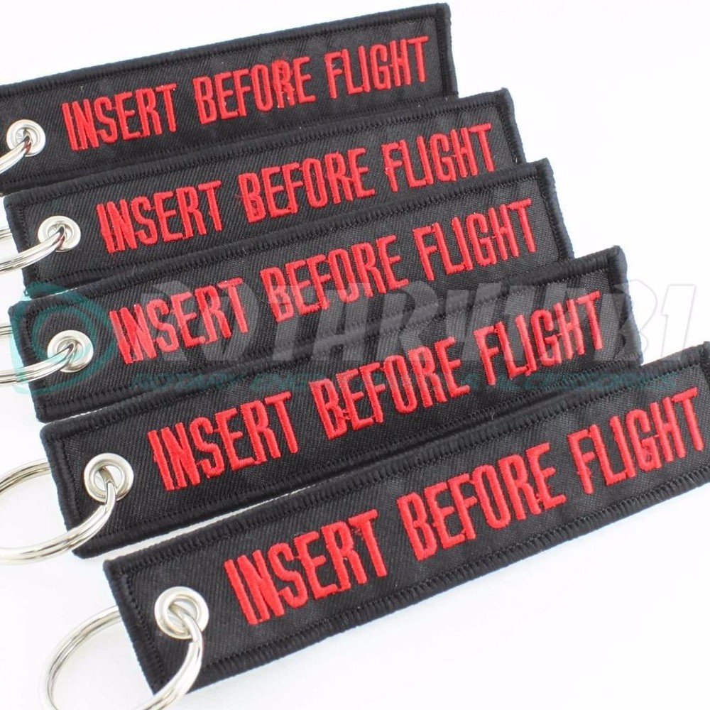 INSERT BEFORE FLIGHT QTY= 5 PCS BLACK/red KEYCHAIN RING TAGS CABIN CREW