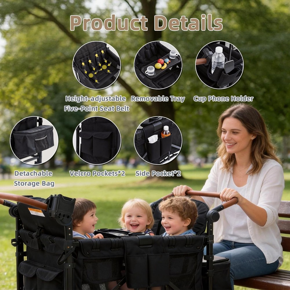 4 Seater Wagon Stroller Foldable Lightweight w/ Canopy & Safety Harnesses