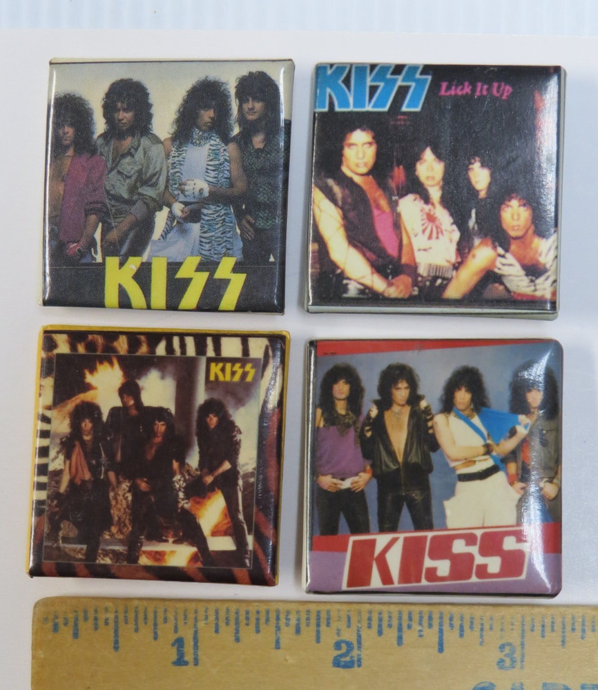 KISS VINTAGE 1980's SQUARE BUTTONS FROM CANADA - LOT OF 4 GROUP SET #10