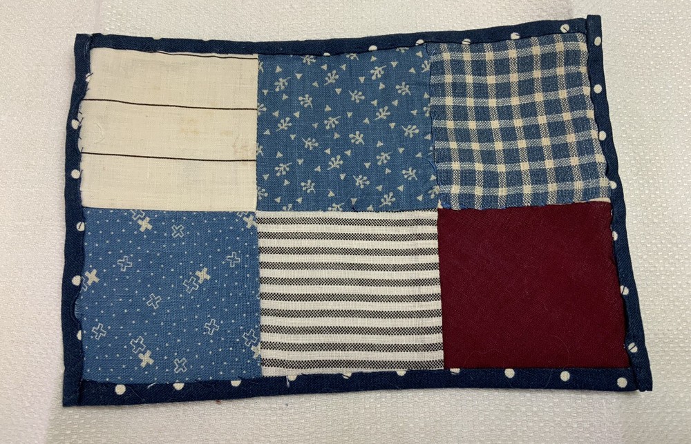 Patchwork Quilt Small Table Topper, Four Patch, Blue Calico Prints, Off White