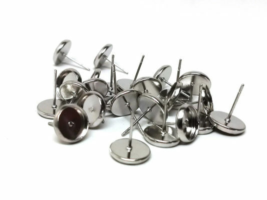 Silver Tone Earring Posts Studs Settings Bezels Cabochons Tacks- 8mm Glue Pad