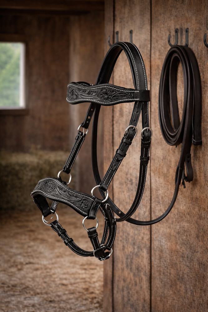 Leather Floral Bitless Sidepull Bridle Split Reins 77RS28BK