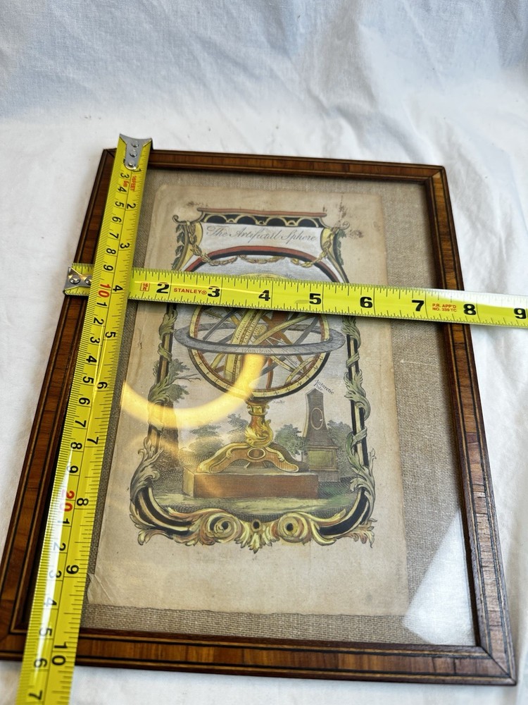 Antique The Artificial Sphere Armillary Engraving Hand Colored Framed Celestial