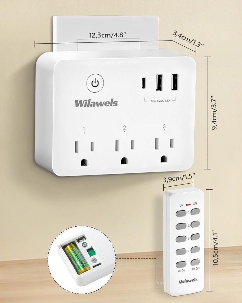 Remote Control Outlet with 3 Outlets & 3 USB Ports, 100FT RF Range