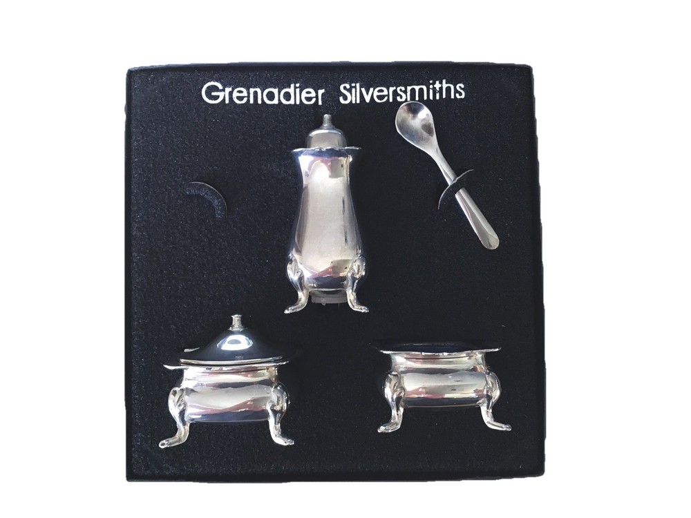 GRENADIER SIVERSMITH  James CONDIMENT SET Silver plated Boxed Missing 1 Spoon