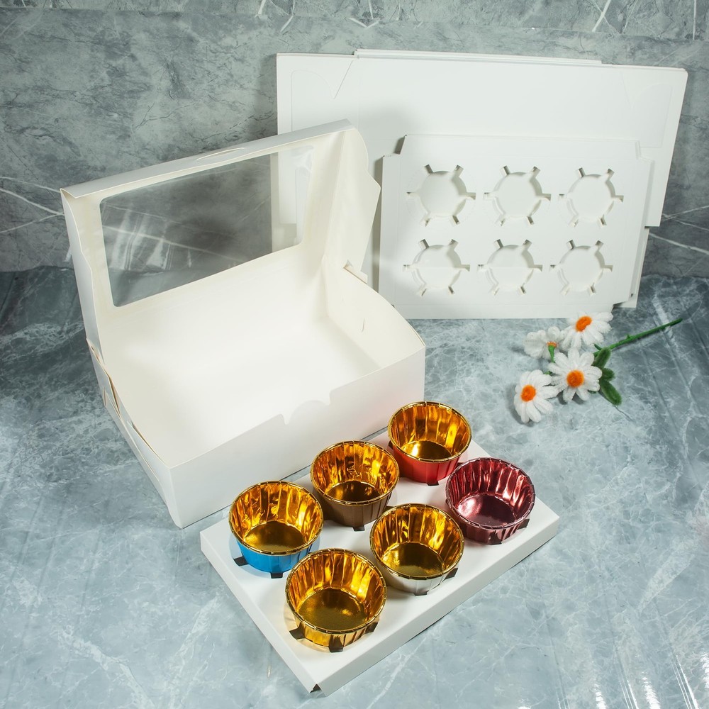 15 PCS White Cupcake Boxes Premium Carriers With Window & Inserts 6Count