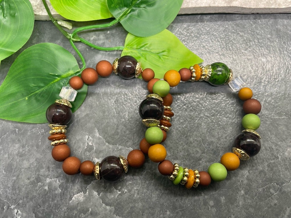 2 PC Handmade Beaded  Boho 7” Plus Stretch Layered Bracelet Set B3950