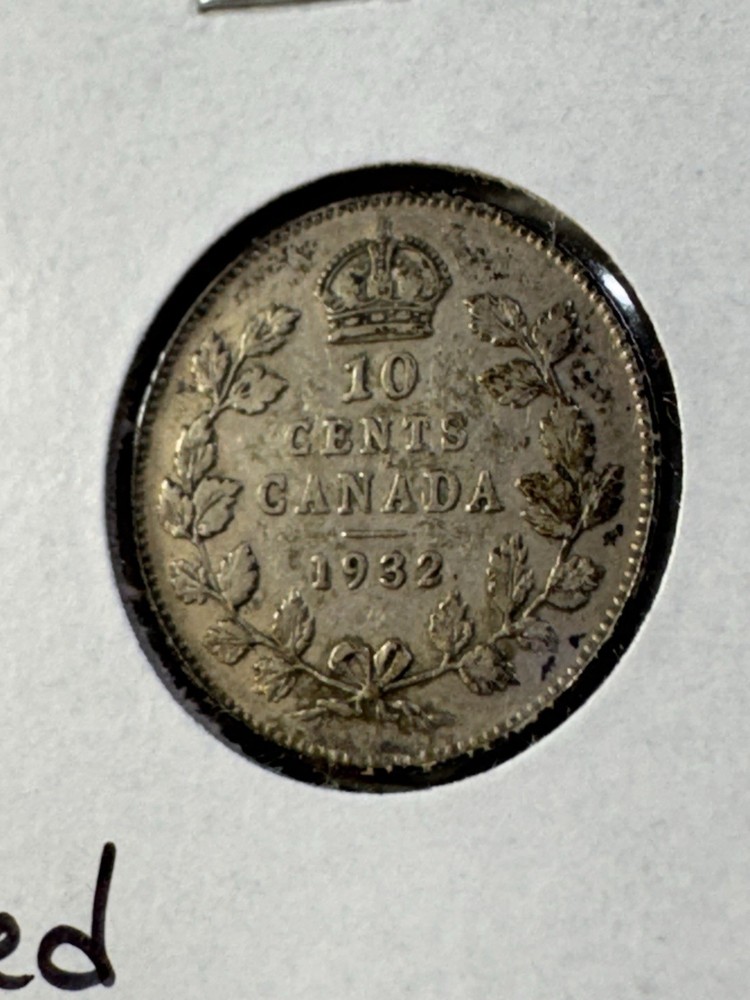 1932 Canada 10 Cents Silver Coin Cleaned