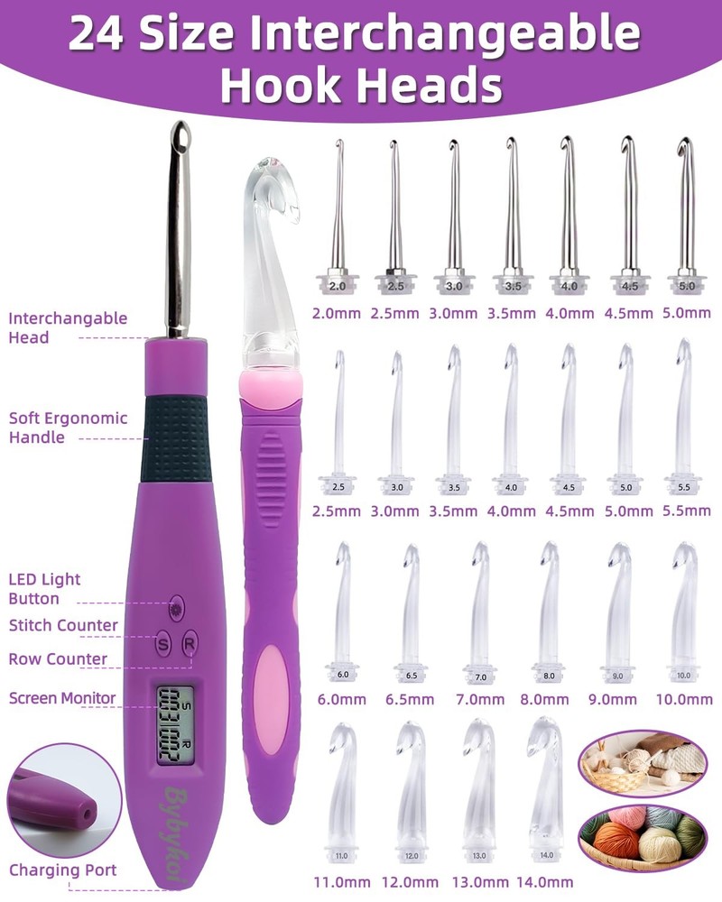 Light Up Crochet Hooks Set with 24 Interchangeable Tools & Digital Counter