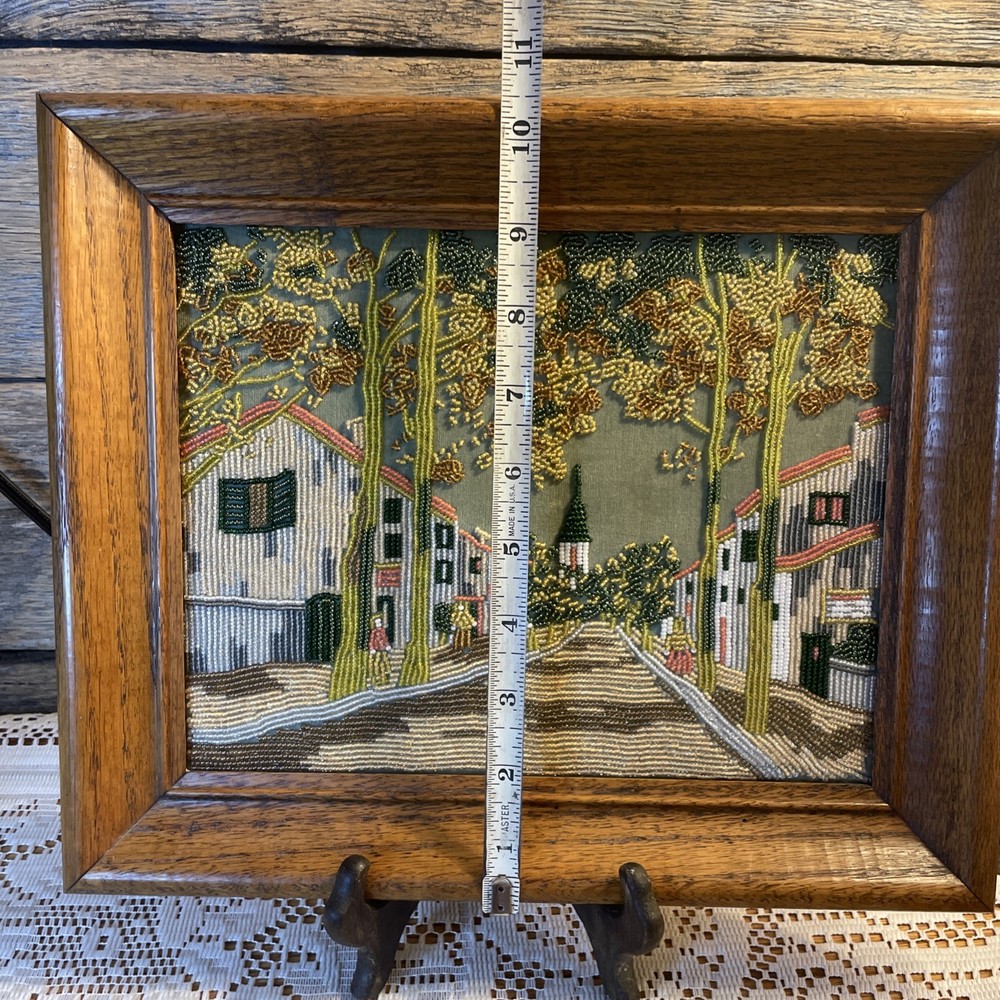 Vintage Beaded Needlepoint Landscape Framed Micro Bead Art - Sidewalk Trees