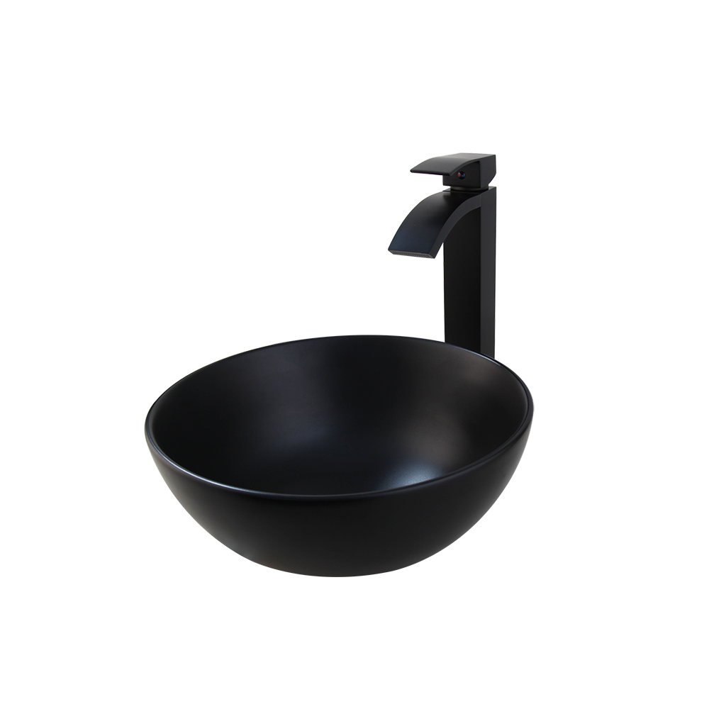 Ceramic Round Black Bathroom Vessel Sink Washing Basin Bowl Waterfall Faucet Tap