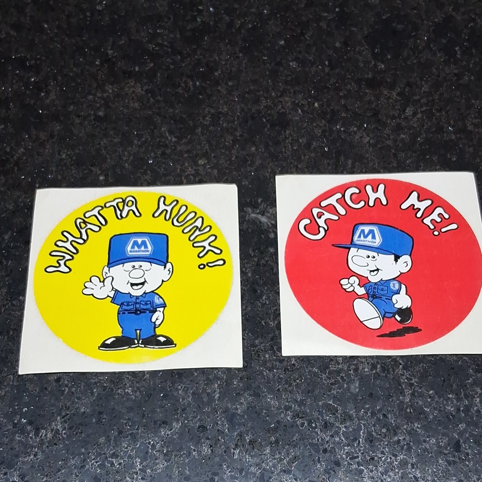 Marathon Gas & Oil Cartoon Character Stickers 'Whatta Hunk!' 'Catch Me!'