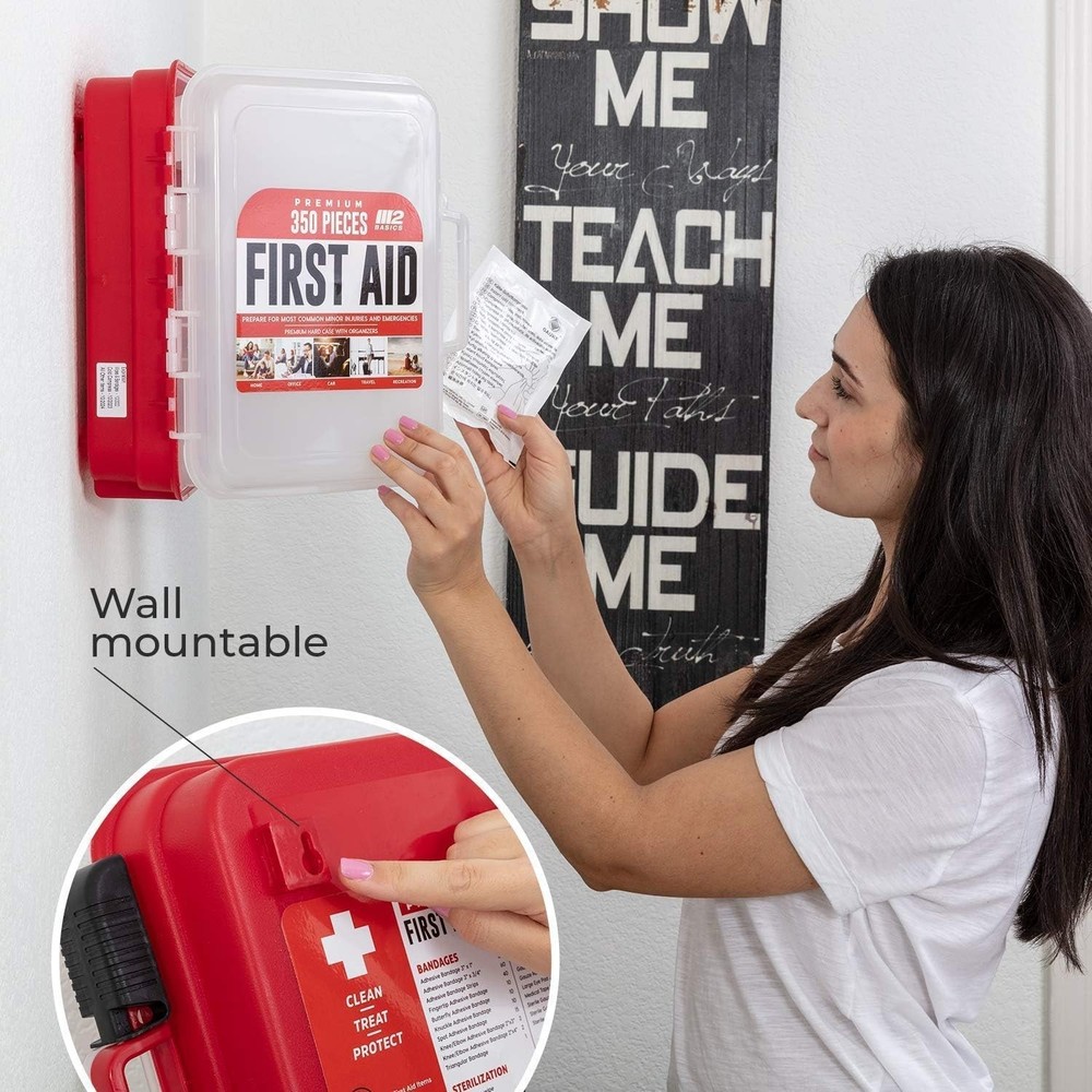 Professional 350 Piece First Aid Kit, Wall Mountable Dual Layer Hard Case for...