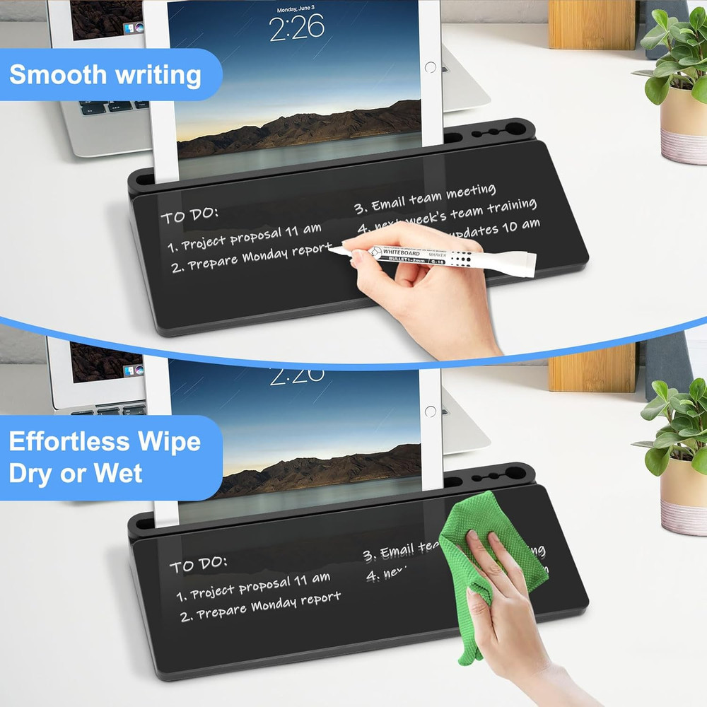 Desktop Glass Whiteboard with Storage, Desk Board with Computer Keyboard Stand,