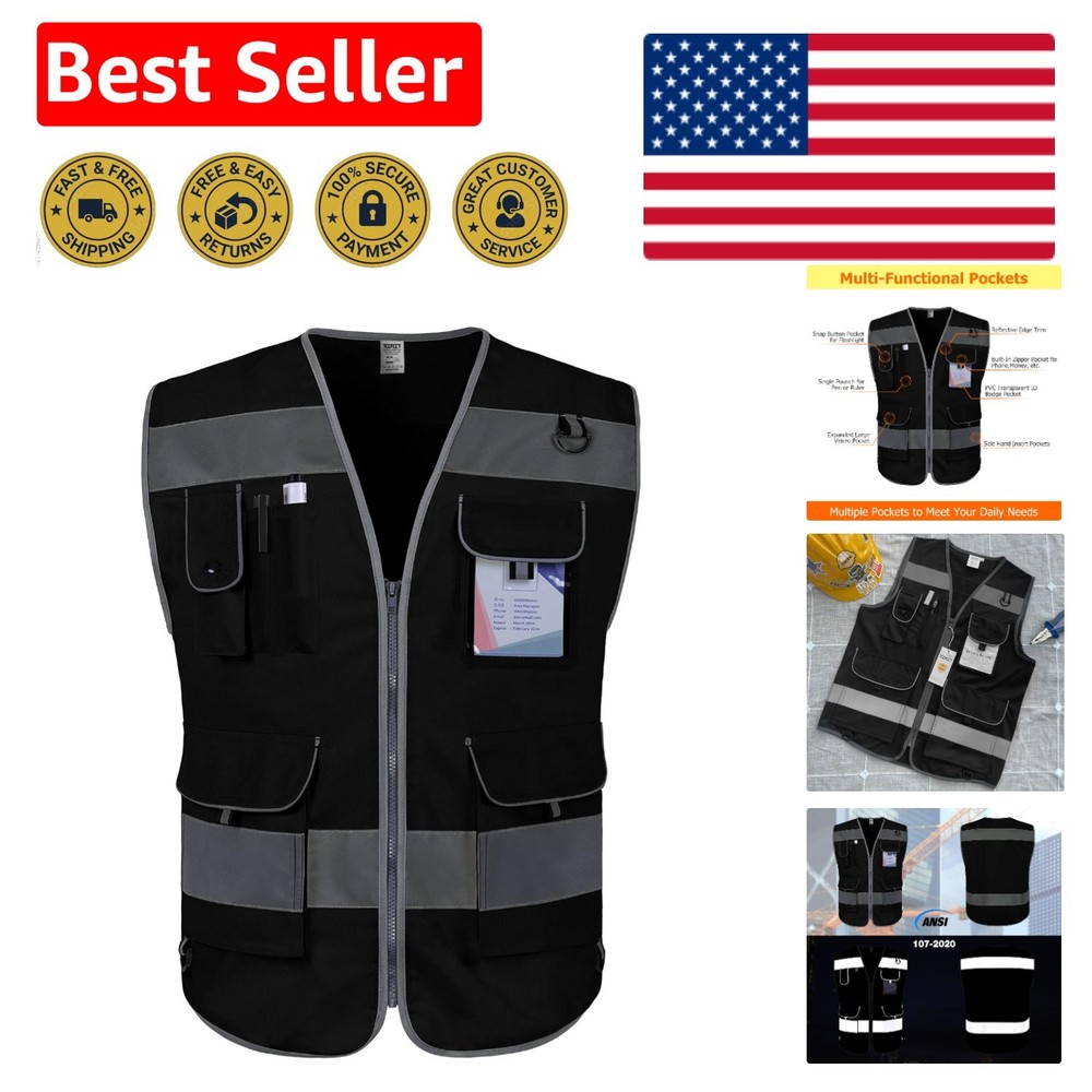 Durable Black Reflective Vest - 9 Multi-Functional Pockets for Enhanced Safety