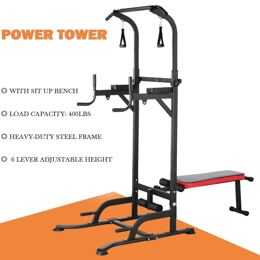 Power Tower with Bench Pull Up Bar Dip Station Gym Strength Training Adjustable