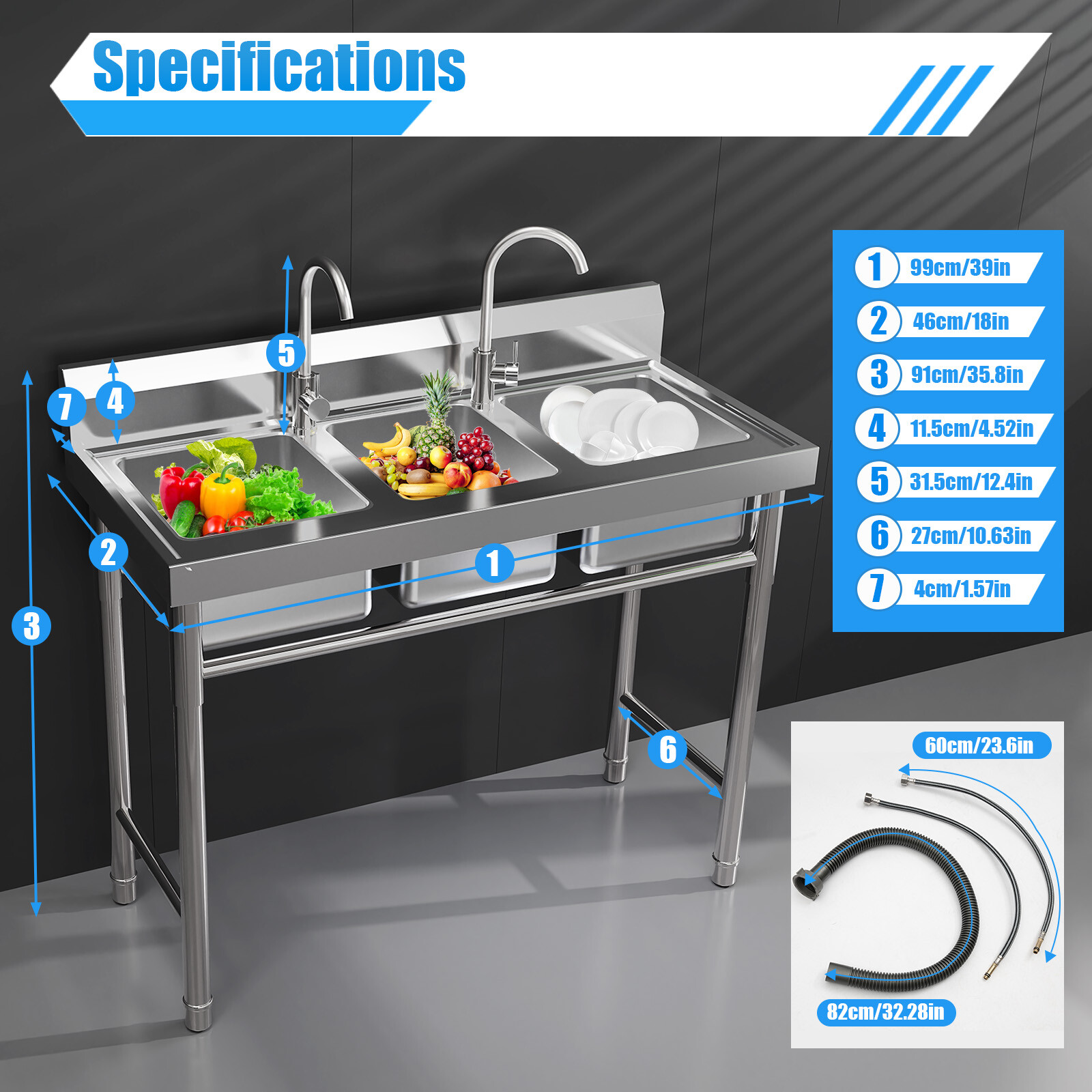 Commercial Stainless Steel 3-Compartment Sink for Kitchen & Catering Use
