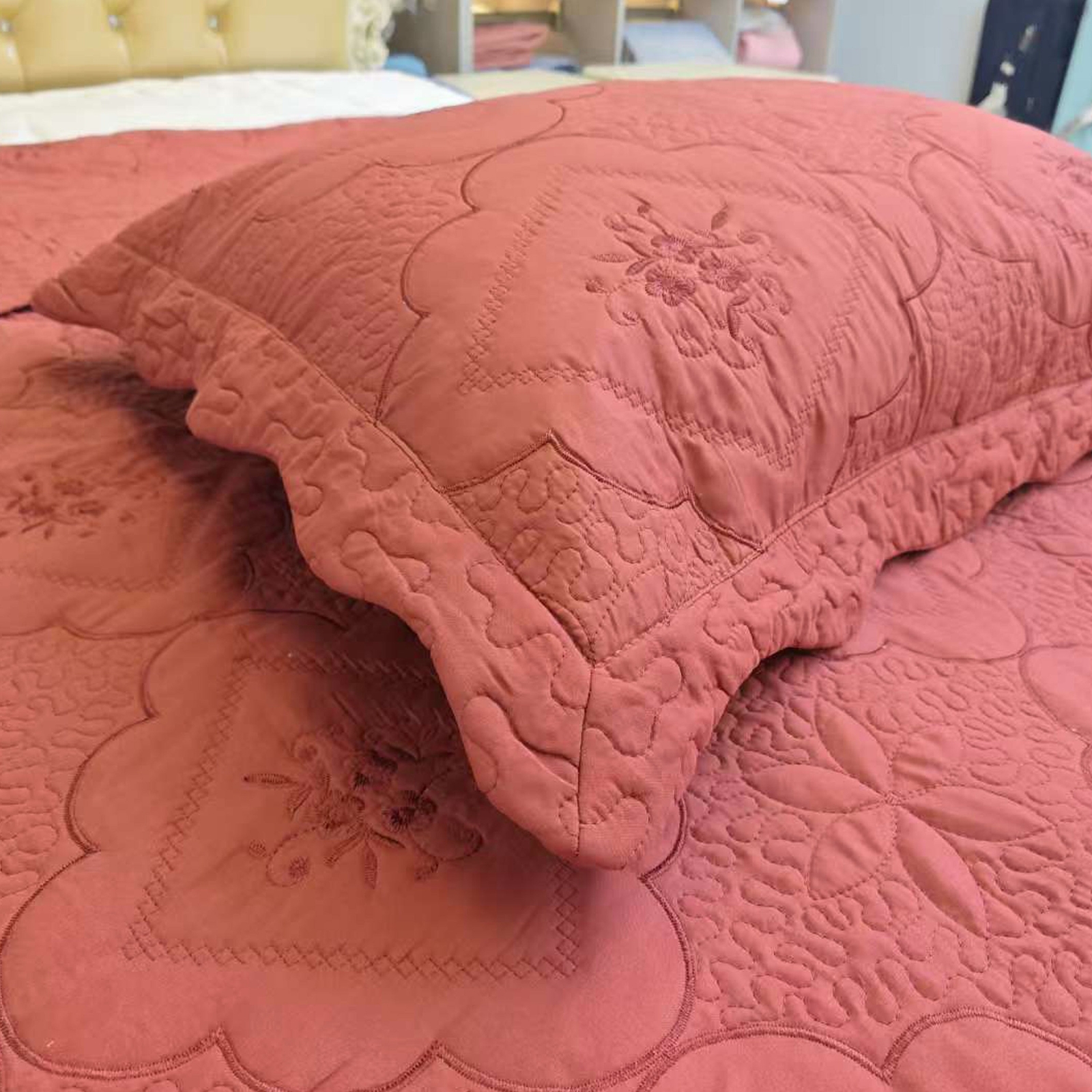 3 Piece Floral Embroidered Quilted Bedspread-Beautiful Stitching