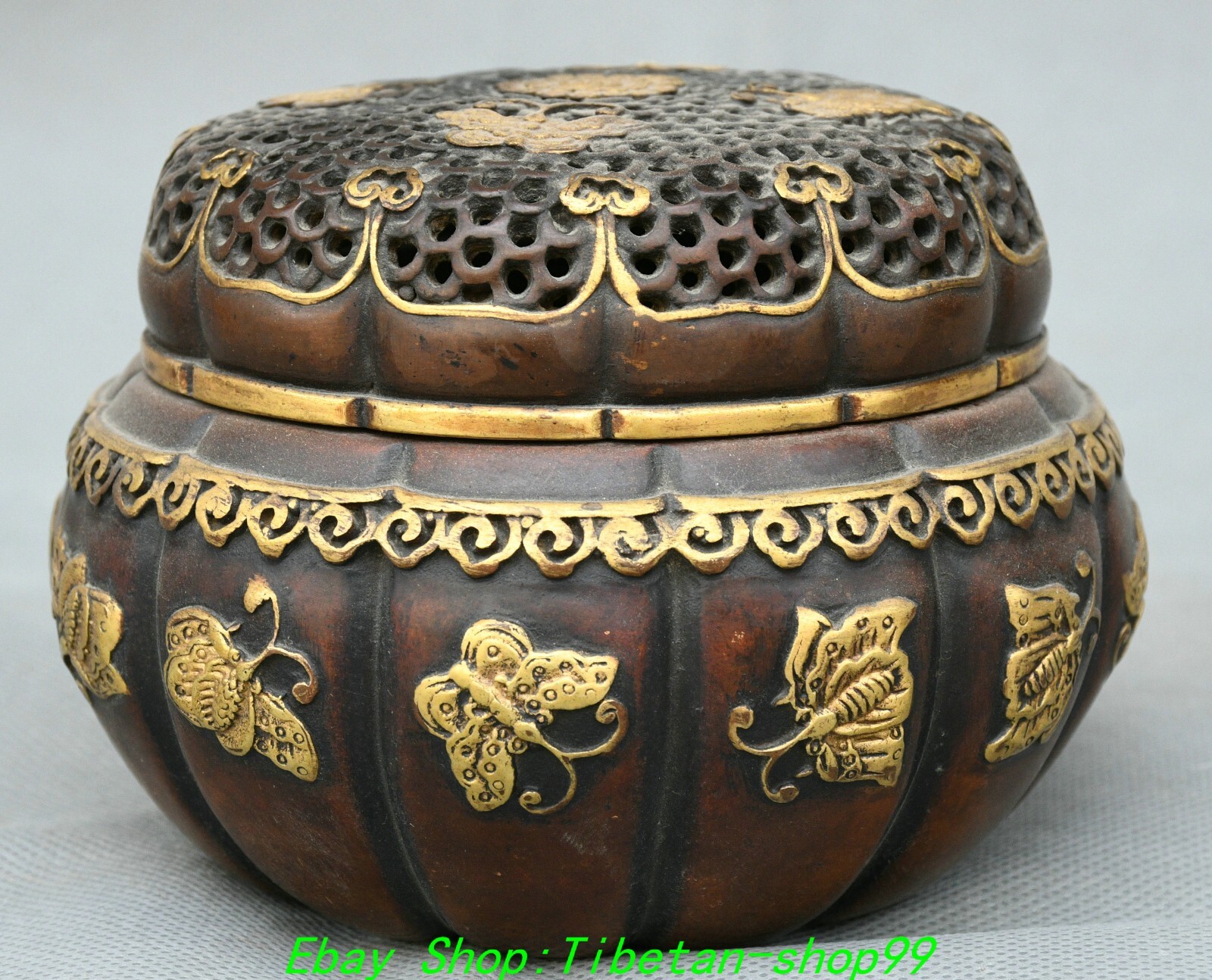 4.7''Old Dynasty Purple Bronze Gold Butterfly Pattern Incense Burner Censer