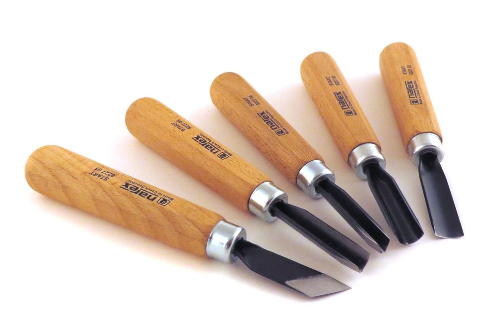 Narex 5 Piece Set Starter Carving Chisels 3 Gouges, V Tool and Double Bevel S...