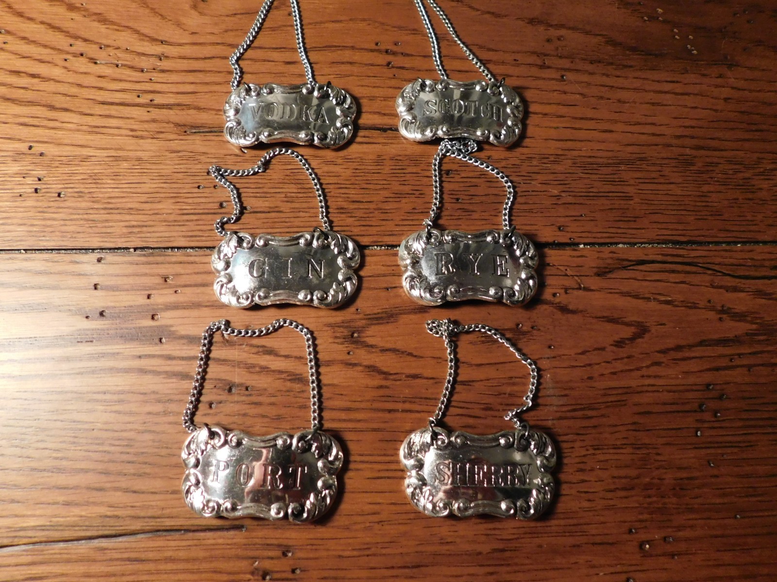 Vintage Set of 6 Liquor Bottle Decanter Label Tags Silver-plated Japan 1967-76