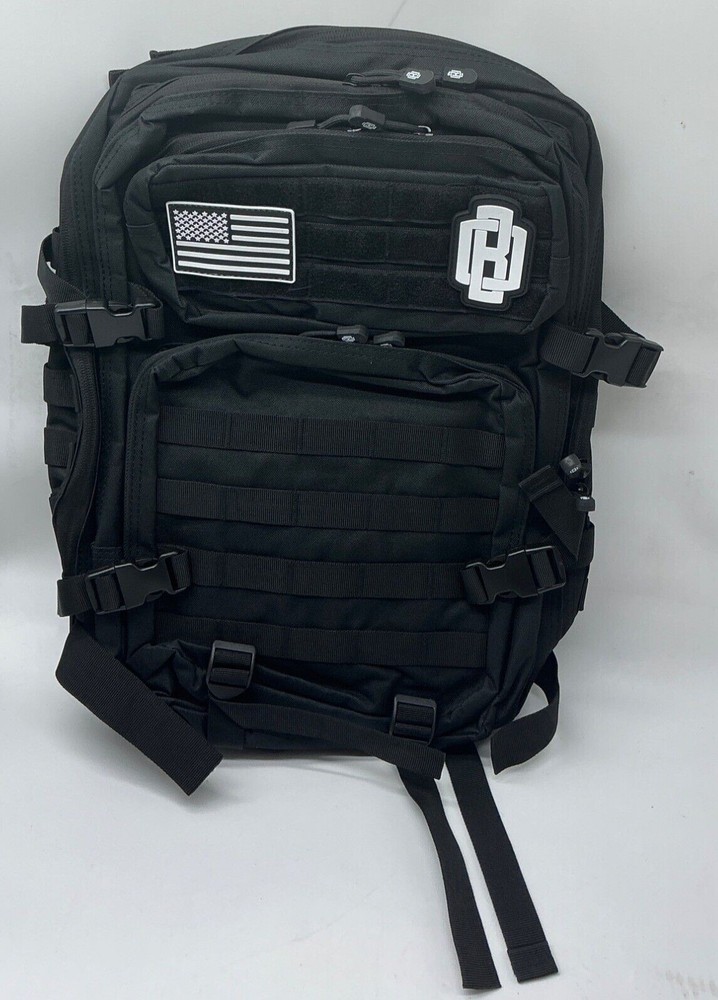 Tactical Black Backpack With Multiple Compartments & American Flag Patch