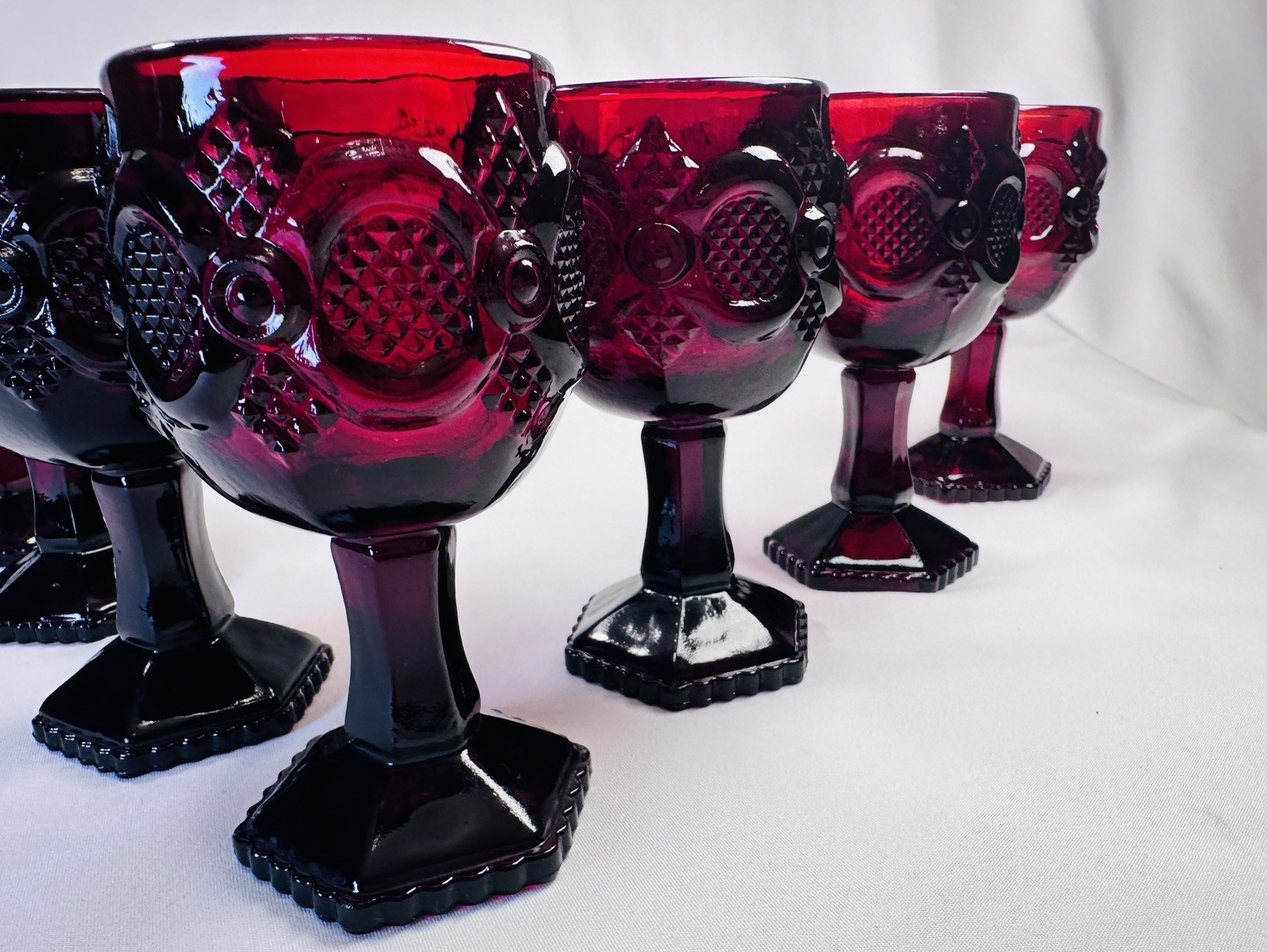 Set of 7 Avon Cape Cod Ruby Red Glass Goblets 4.5" Vintage Pressed Glass