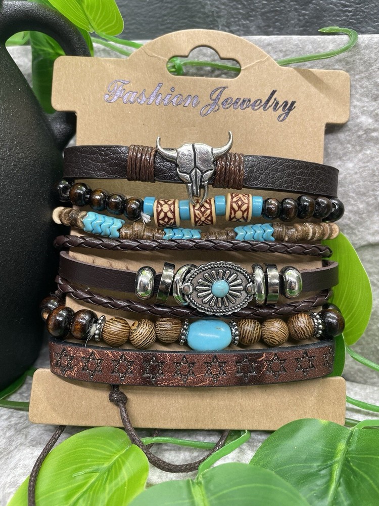 6 PC Leather Punk Bracelet Stackable Adjustable Tie New Free Ship B2812