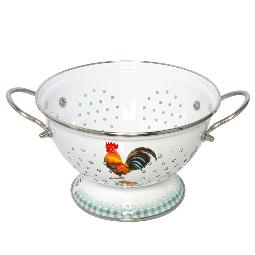 ROOSTER Enameled Colander, Enamelware Draining Strainer Pasta Fruit 2.6 qt