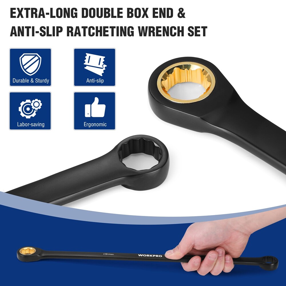 WORKPRO 10PC Extra Long Ratcheting Wrench Set Combination Metric 8-19mm 72-Teeth