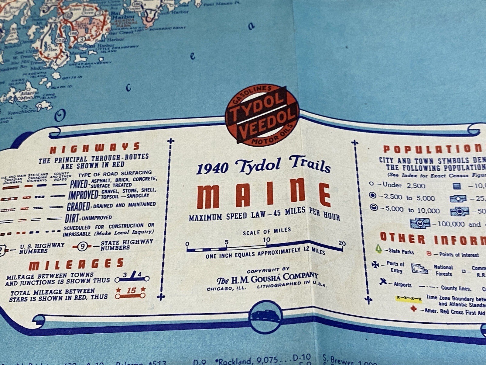 1940 Tydol Veedol Motor Oil Maine Map