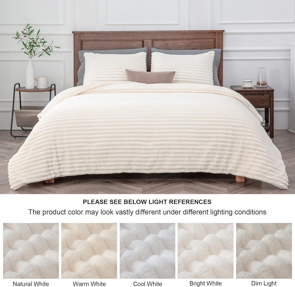 Fleece Queen Comforter Set -Super Soft & Warm Fluffy Cream White Bedding