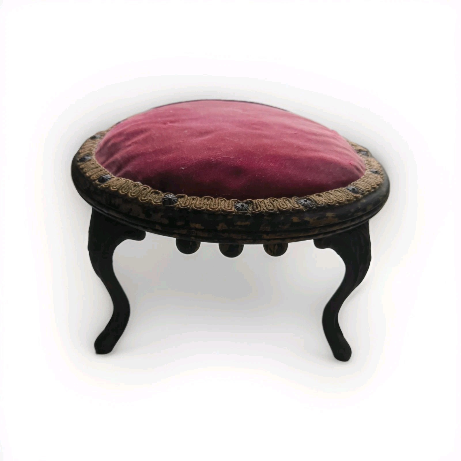 Levan Brothers Victorian Round Cast Iron & Wood Foot Stool Red Veleteen Cover