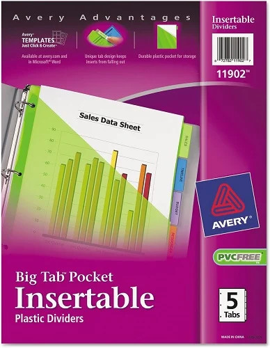 Avery 11902 Pocket Insertable Dividers, Plastic, 5-Tab, Multi-Color
