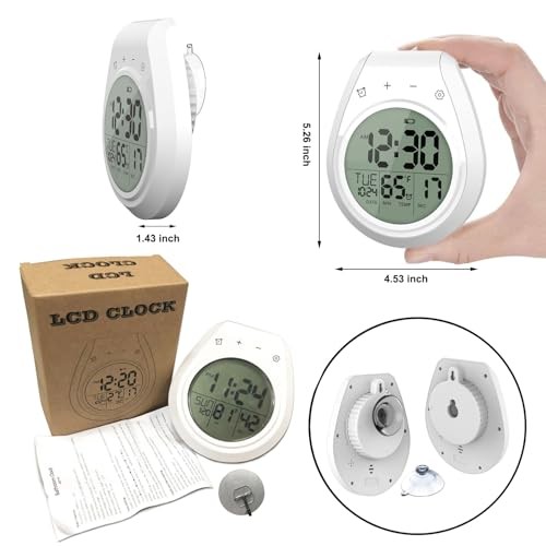 Shower Clock Waterproof, Bathroom Clock with Temperature & Shower Timer, White
