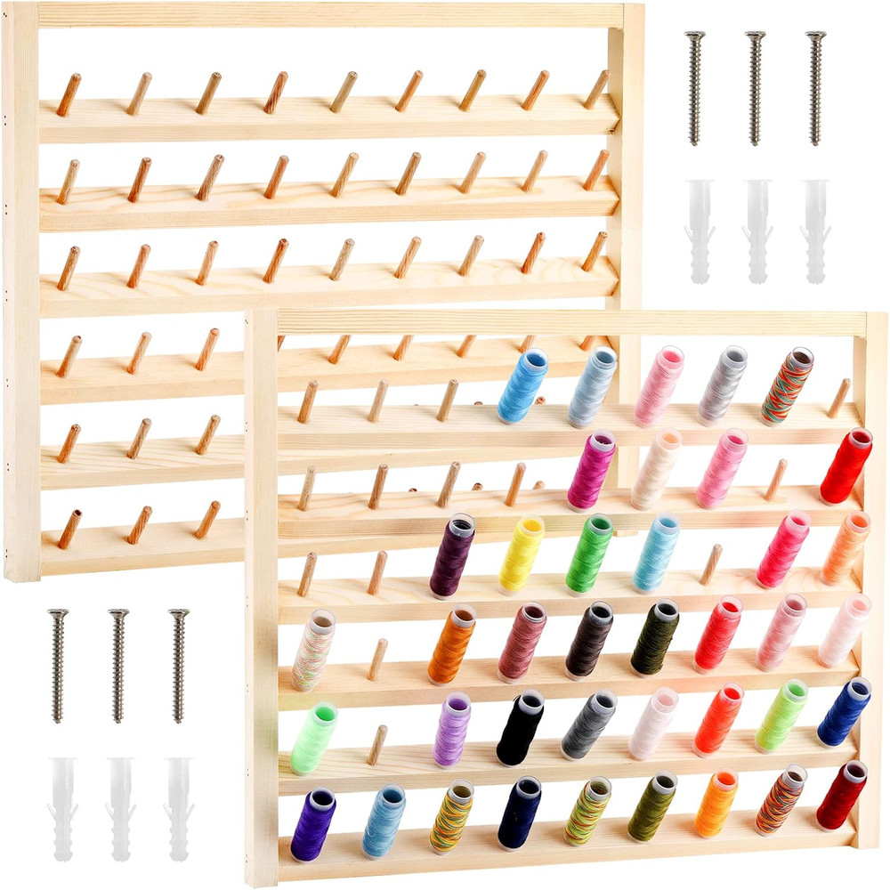 2 Pack 54 Spools Wooden Thread Holder, Large Racks, Wall Mount Storage Organizer