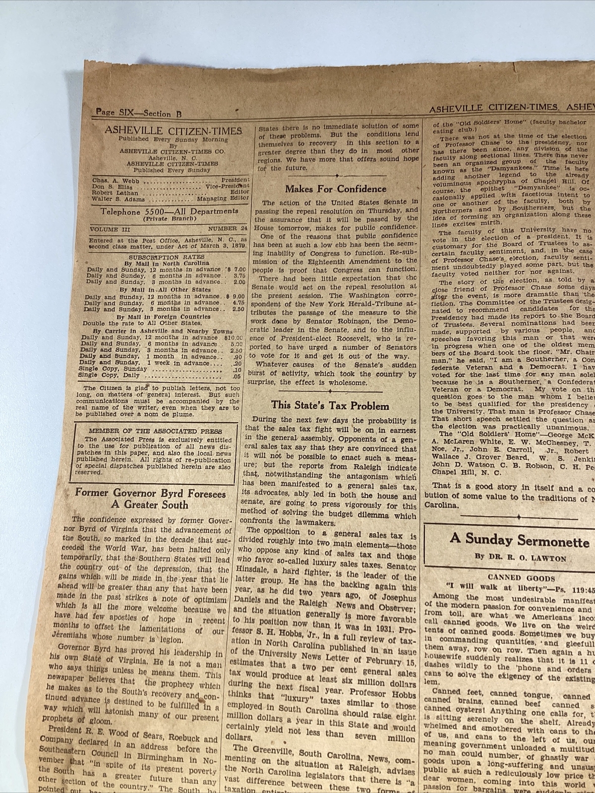 Ashville NC Newspaper Feb 19, 1933 Great Ads Women Miami Columns Carolina Power