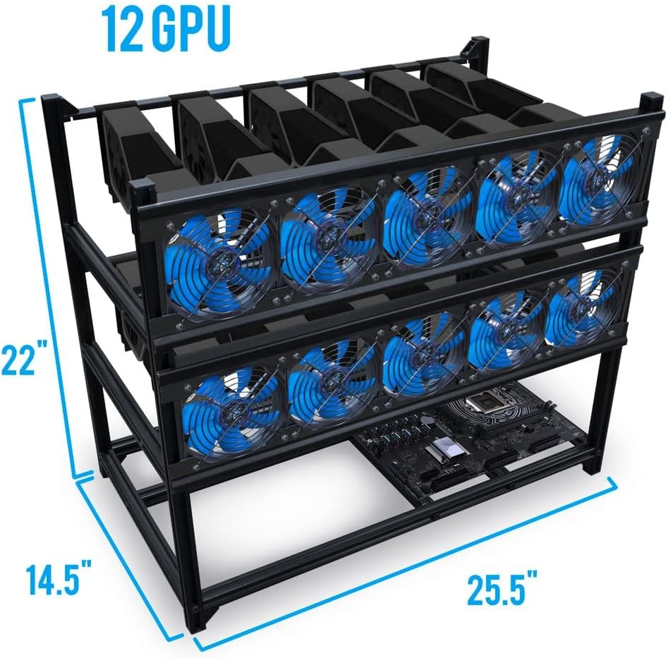 12 GPU Open Air Mining Rig Frame Case Toolless Stackable Airflow Space Saving