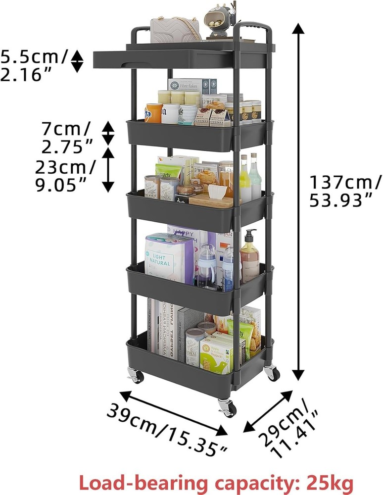 5-Tier Black Rolling Utility Cart with Drawer – Multifunctional Storage Solution