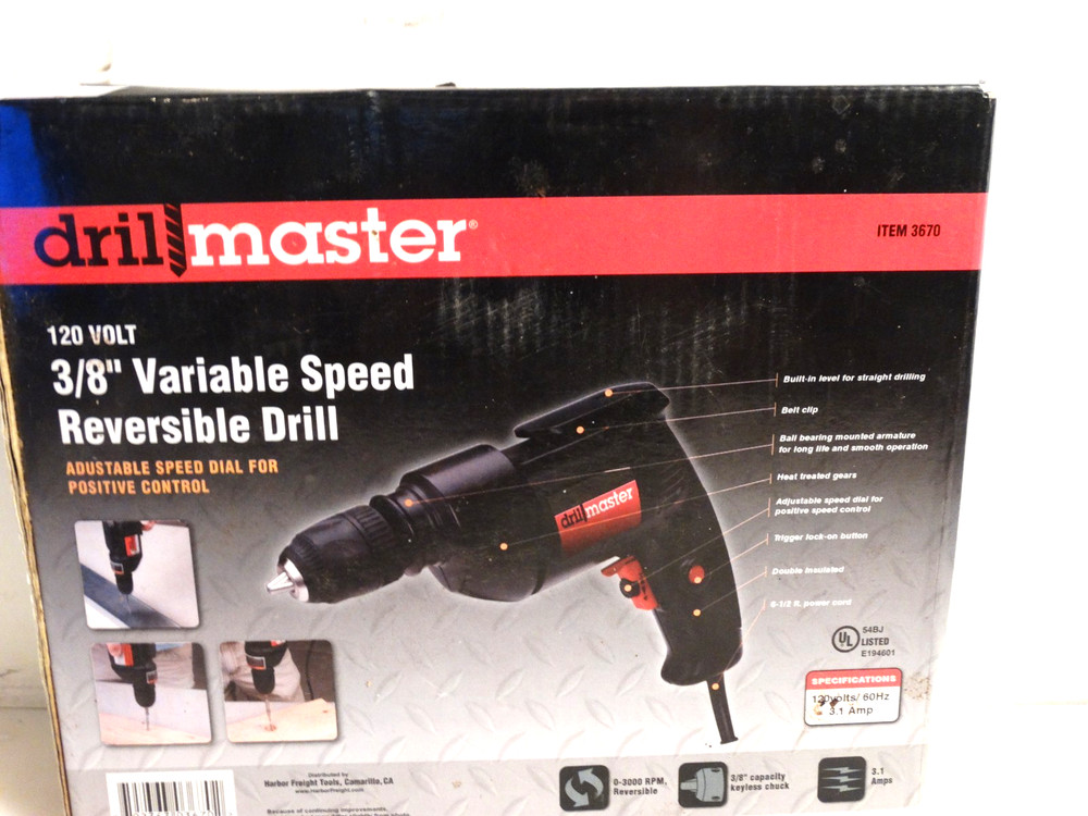 Drillmaster 3/8’” Variable Speed Reversible Corded Drill - NEW