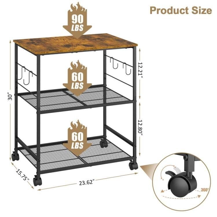 Rolling Kitchen Microwave Cart, 3 Tier Microwave Table Stand with Storage, Ki...