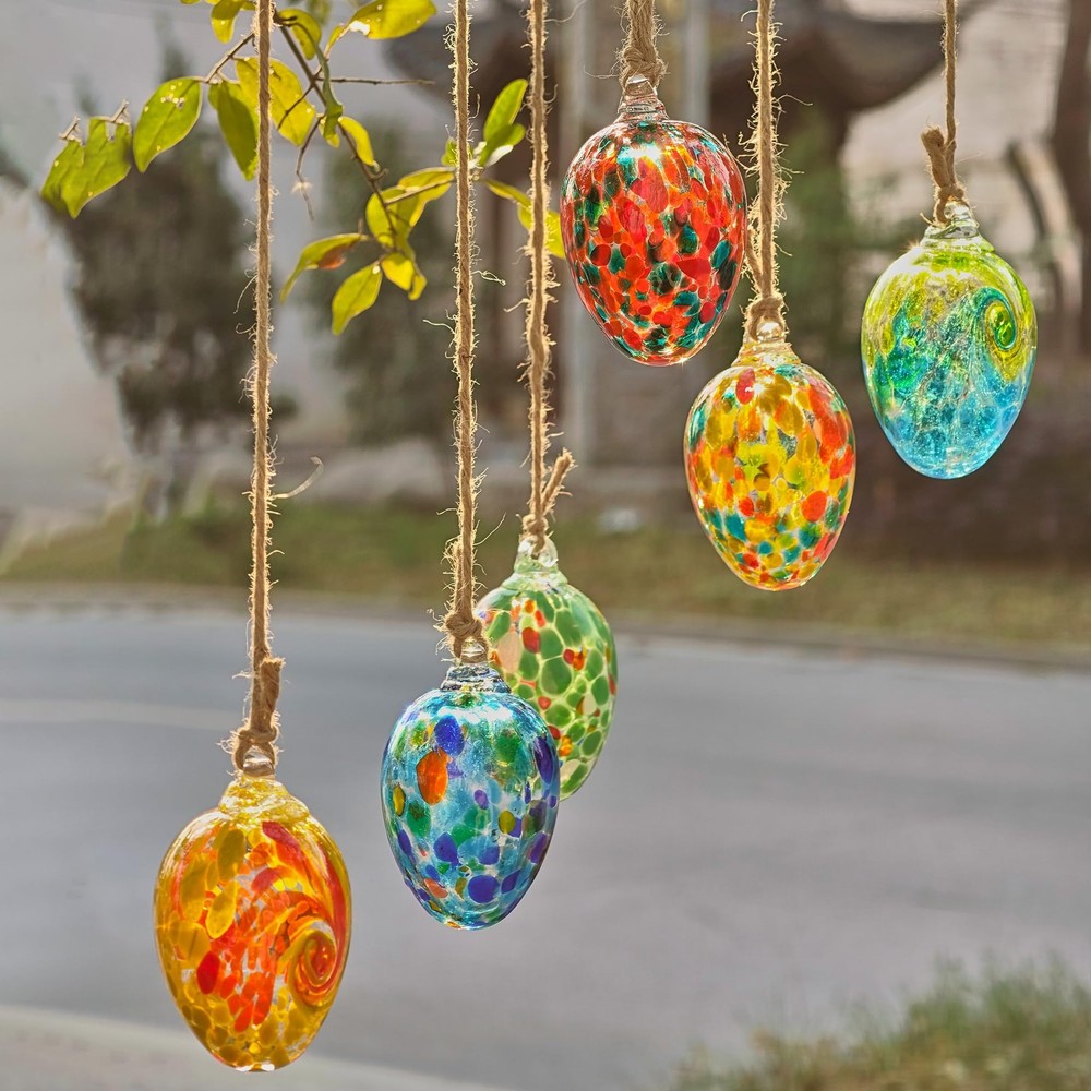 6pcs Colorful Hanging Easter Decorations Hand Blown Glass Easter Eggs Hanging...