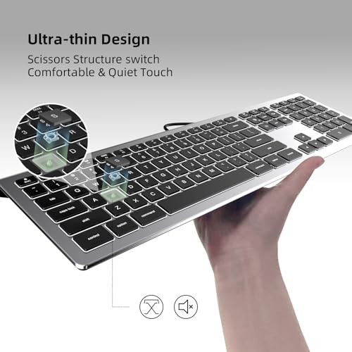 USB Wired Keyboard with White Backlight, Keyboard for Mac Silver Grey