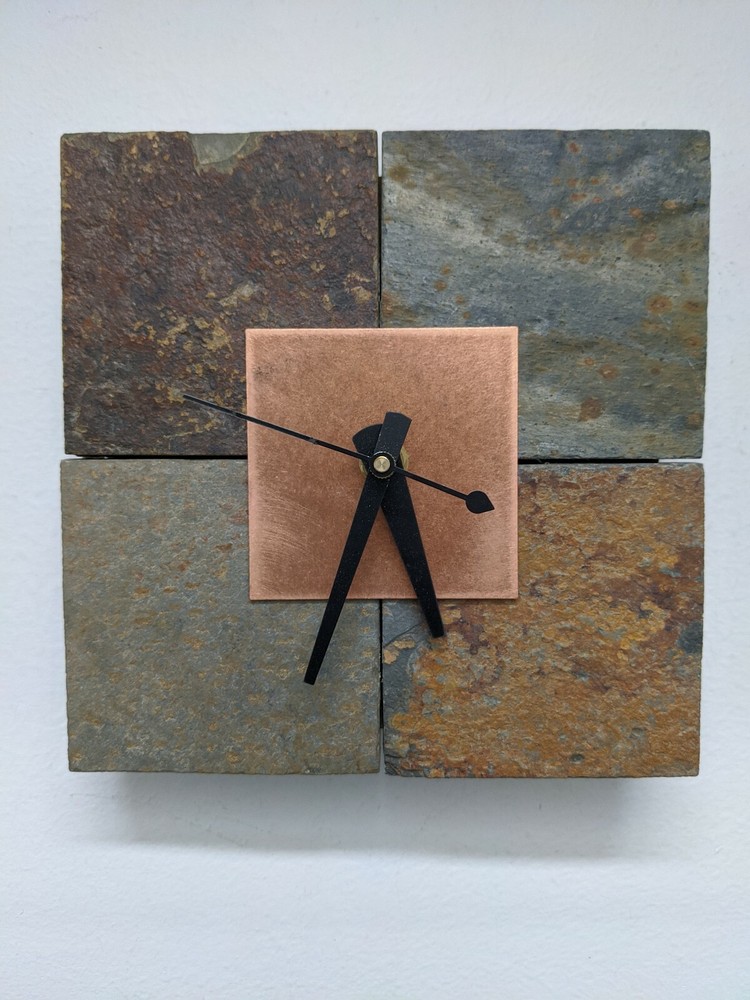 Solid Slate Rock Stone Copper Quartz Wall Desk Table Clock 6"x6" EUC