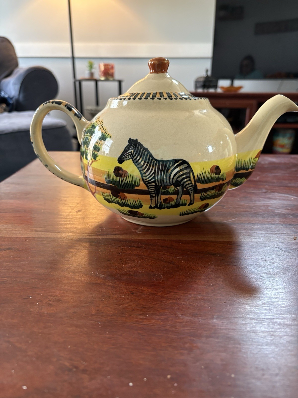 8 Cp Teapot African Design Hand Painted Ceramic Made In Zimbabwe Signed Vintage