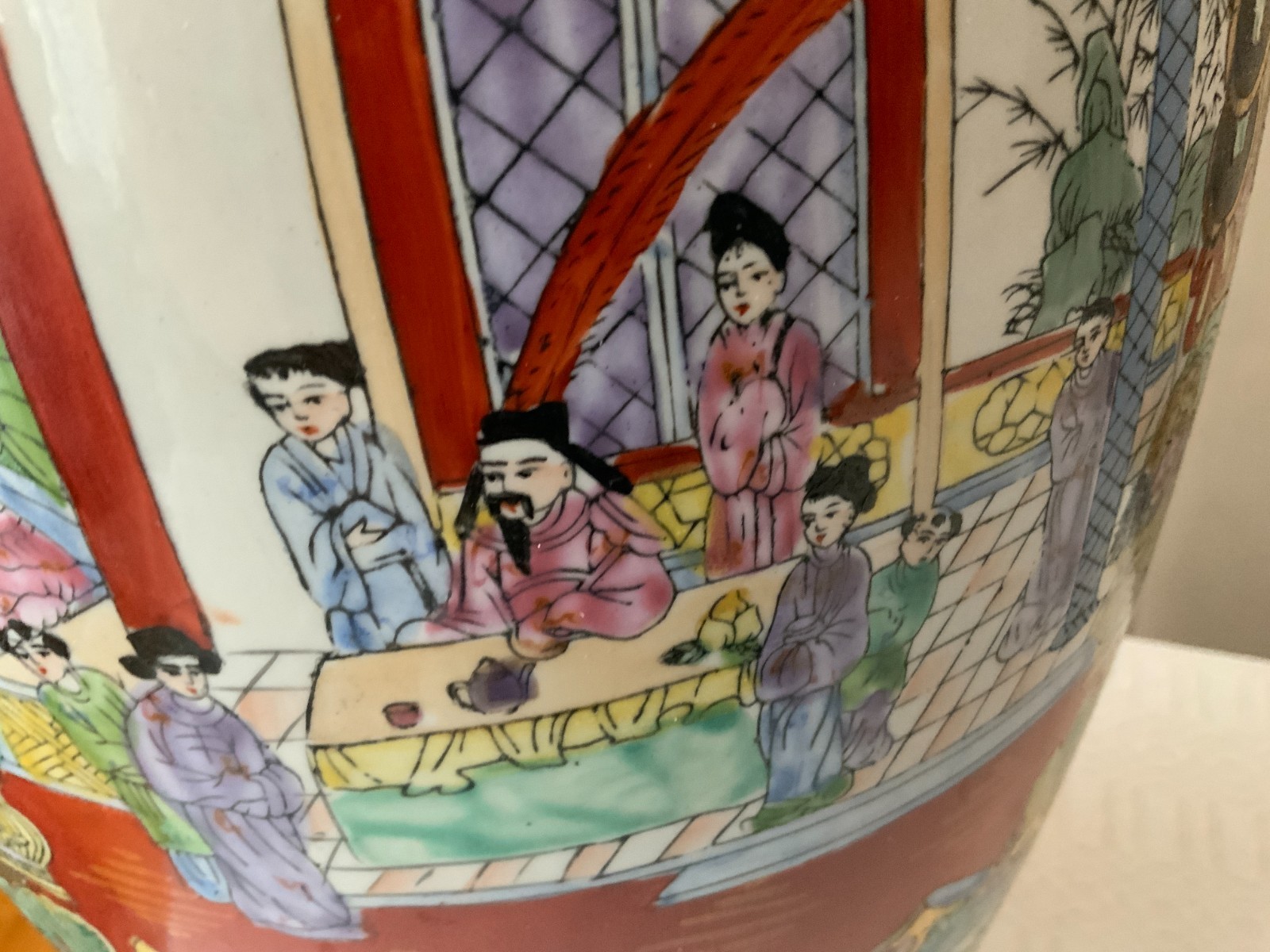 Large 24" Vintage Chinese Polychrome floor vase scenes flowers people