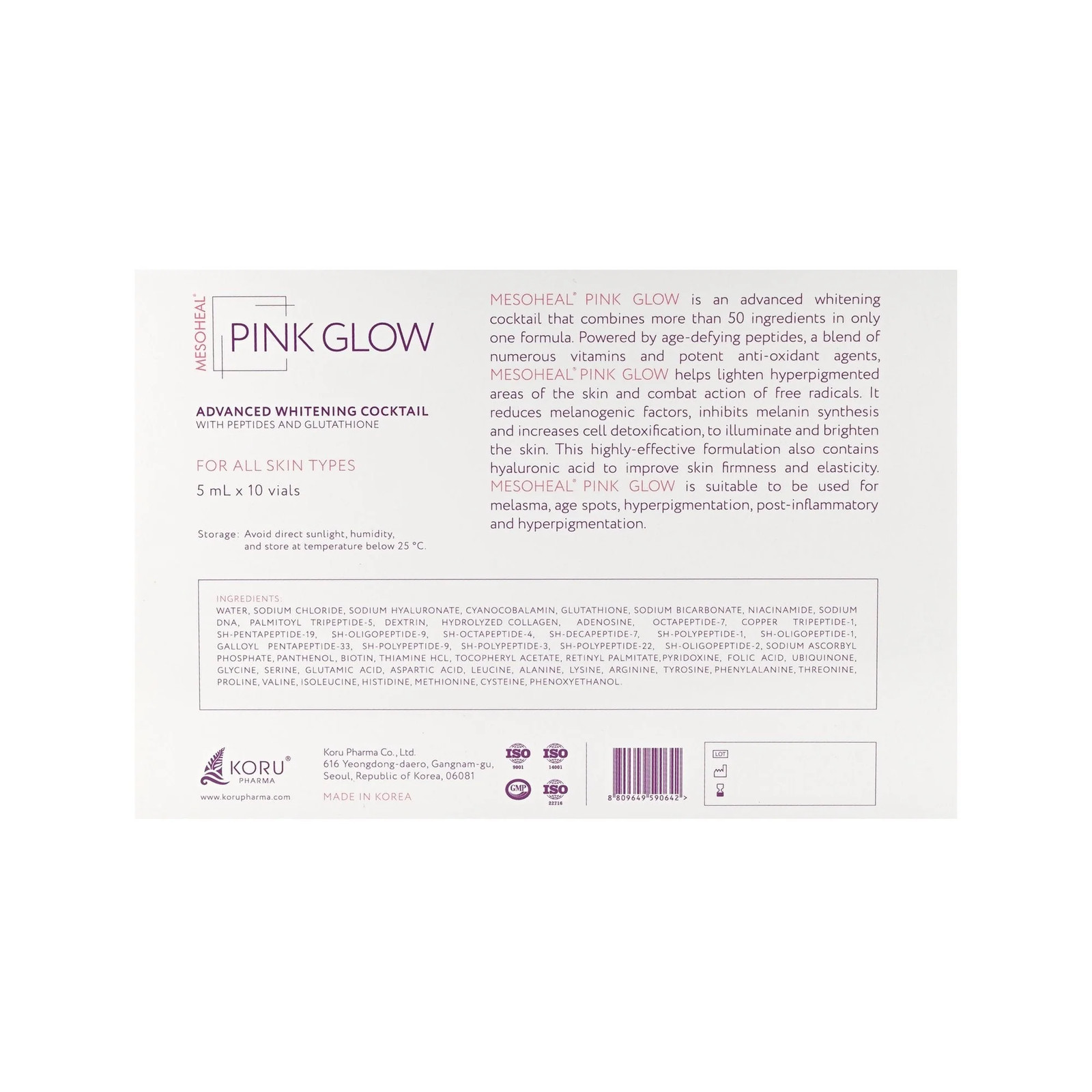 Mesoheal Pink Glow Whitening Cocktail with Peptides and Glutathione K-Beauty